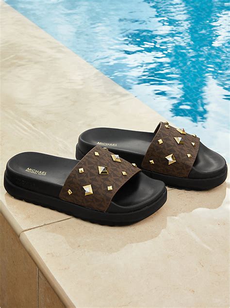 michael kors tyra|Tyra Studded Logo Slide Sandal .